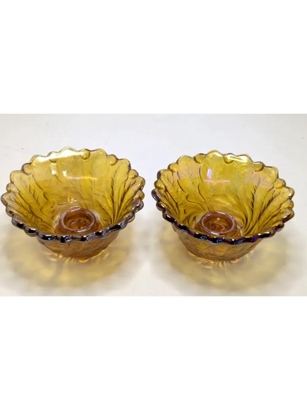 Vintage Indiana Glass Wild Rose Amber Carnival Glass Candle Holders Set Of 2